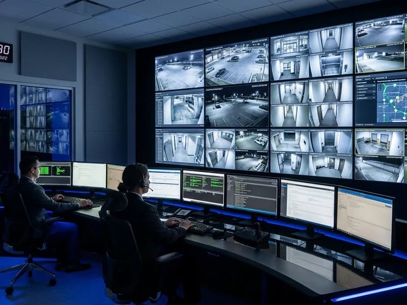 Multi-view NVR monitoring screen showing security camera feeds