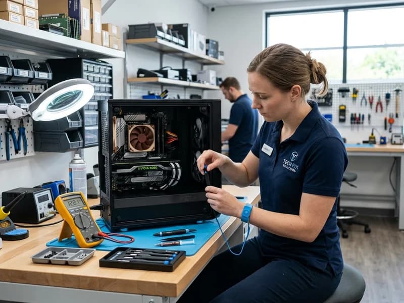 Technician repairing a desktop computer at Skyview Electronics in Whitby